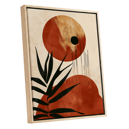 Solar Fronds, black, beige, orange nature wall art shown as a oak framed canvas wall art