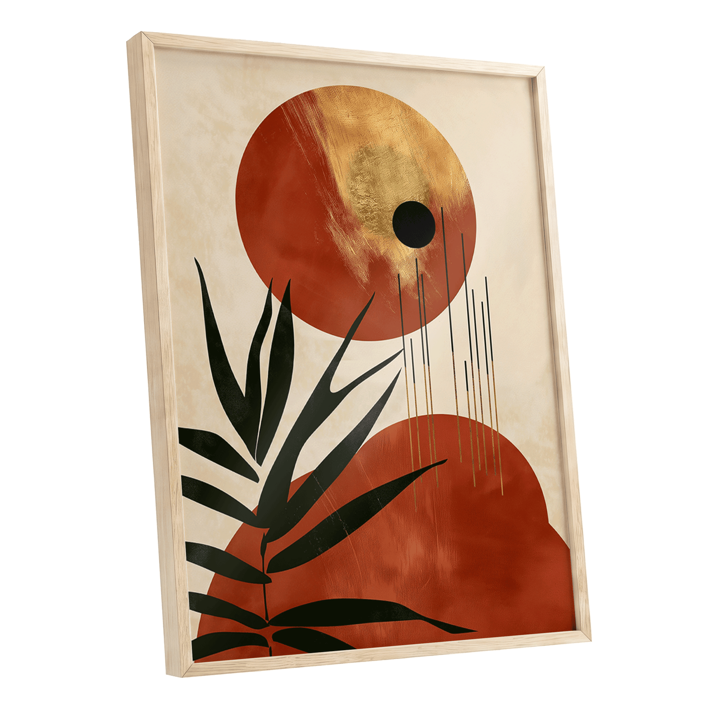 Solar Fronds, black, beige, orange nature wall art shown as a oak framed poster wall art print
