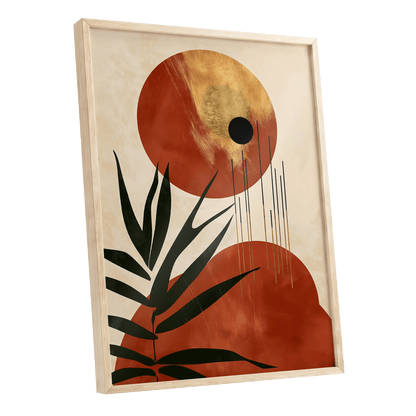 Solar Fronds, black, beige, orange nature wall art shown as a oak framed poster wall art print