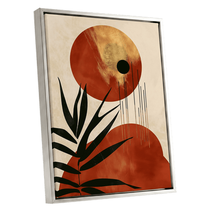 Solar Fronds, black, beige, orange nature wall art shown as a silver framed canvas wall art