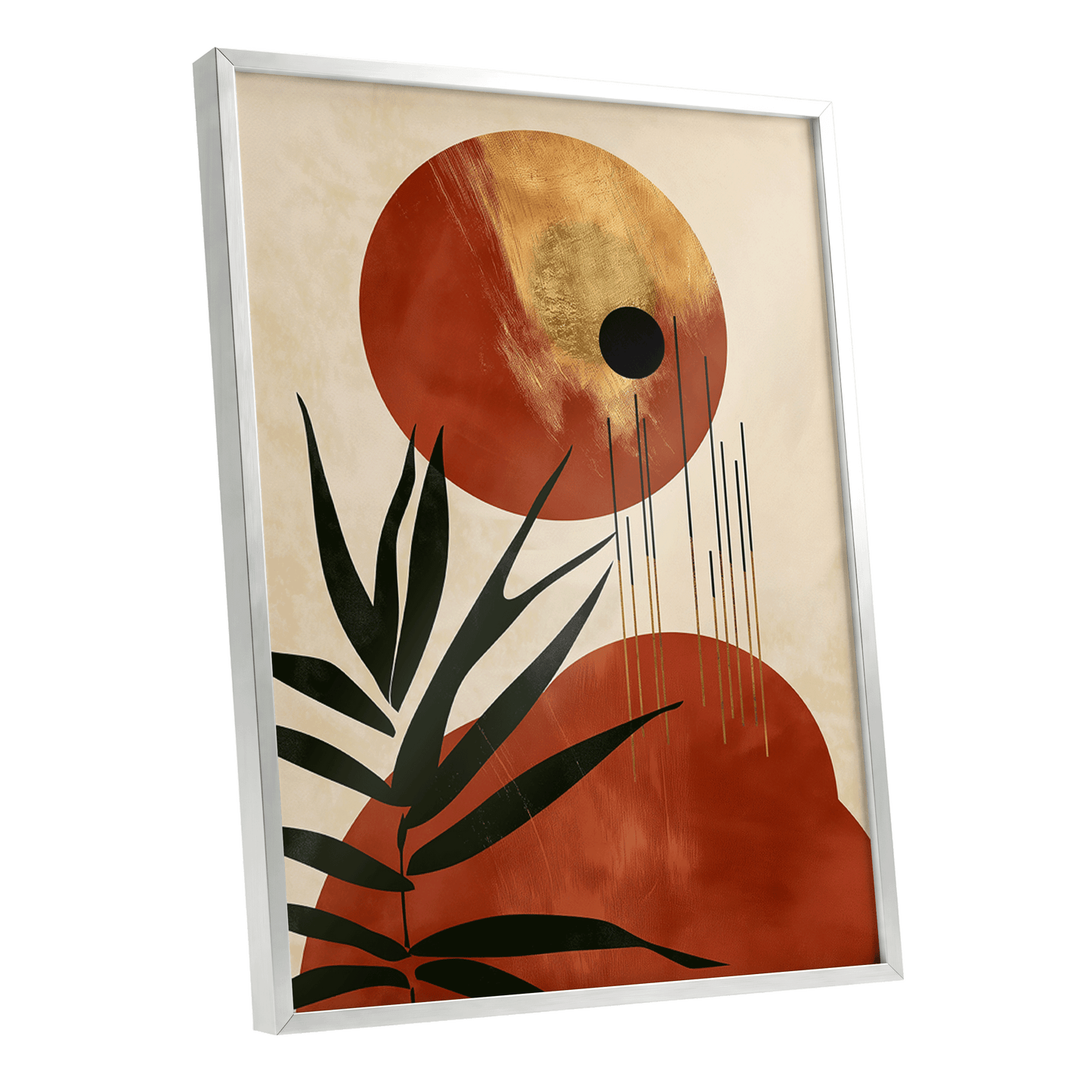 Solar Fronds, black, beige, orange nature wall art shown as a silver framed poster wall art print