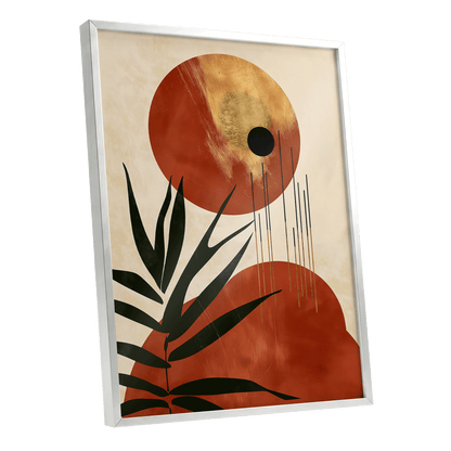 Solar Fronds, black, beige, orange nature wall art shown as a silver framed poster wall art print