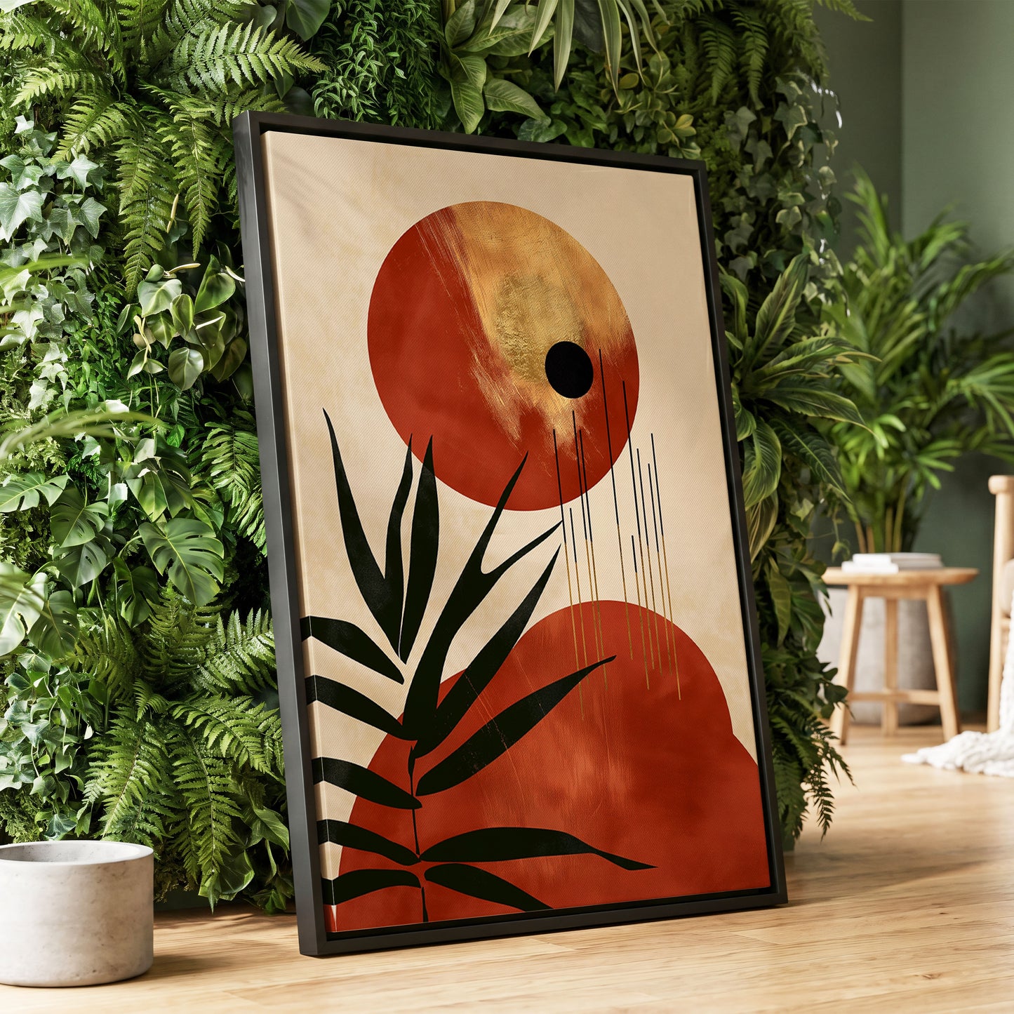 Solar Fronds, black, beige, orange nature wall art displayed in a styled interior, gallery view 1