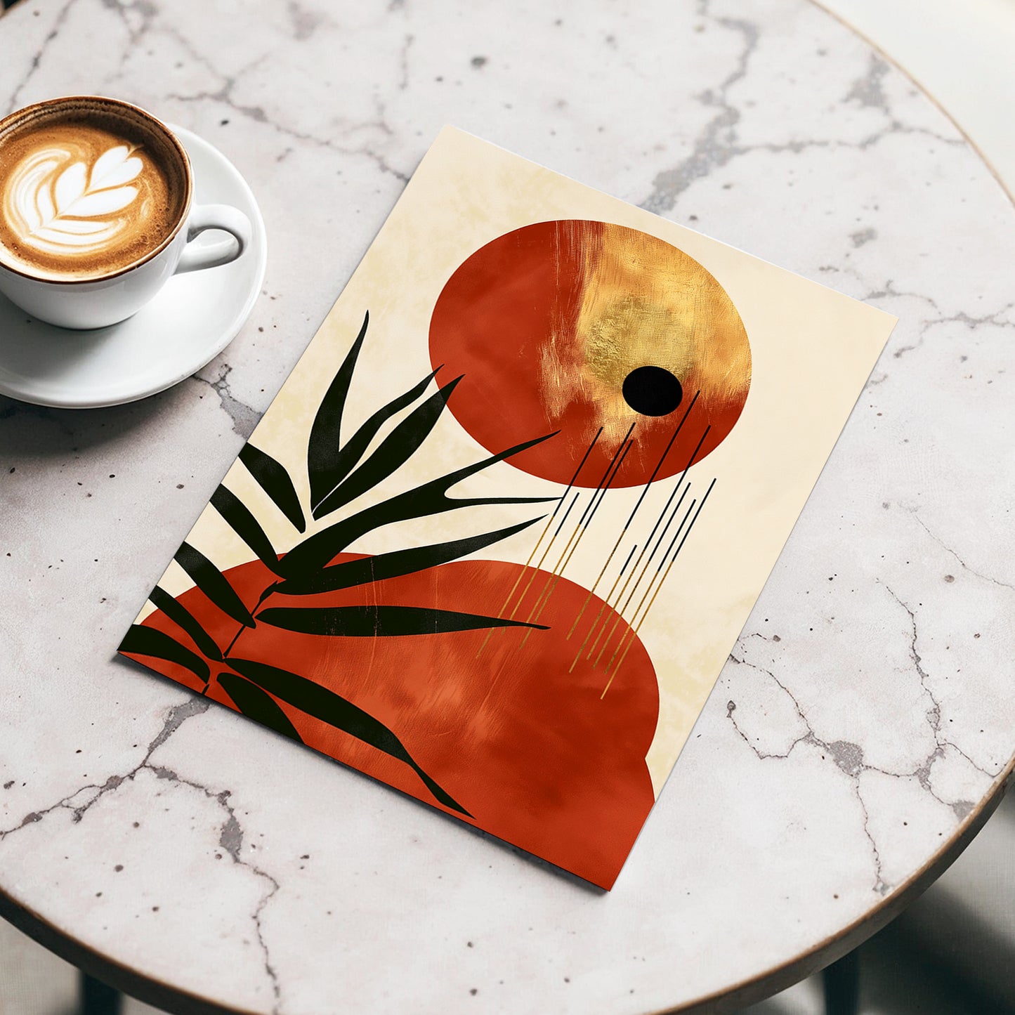 Solar Fronds, black, beige, orange nature wall art displayed in a styled interior, gallery view 3