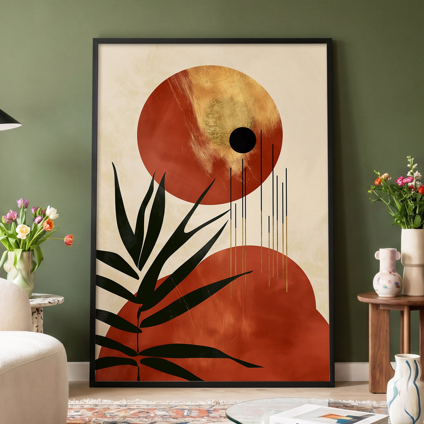Solar Fronds, black, beige, orange nature wall art displayed in a styled interior, gallery view 4