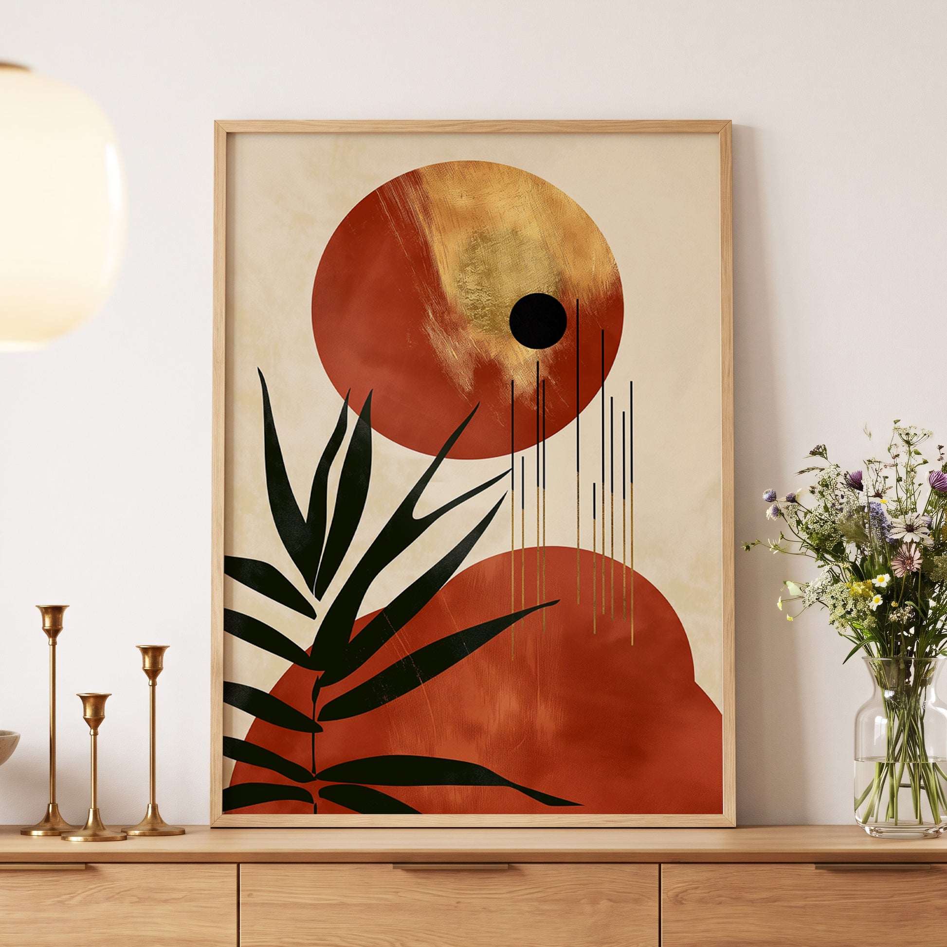Solar Fronds, black, beige, orange nature wall art displayed in a styled interior, gallery view 5