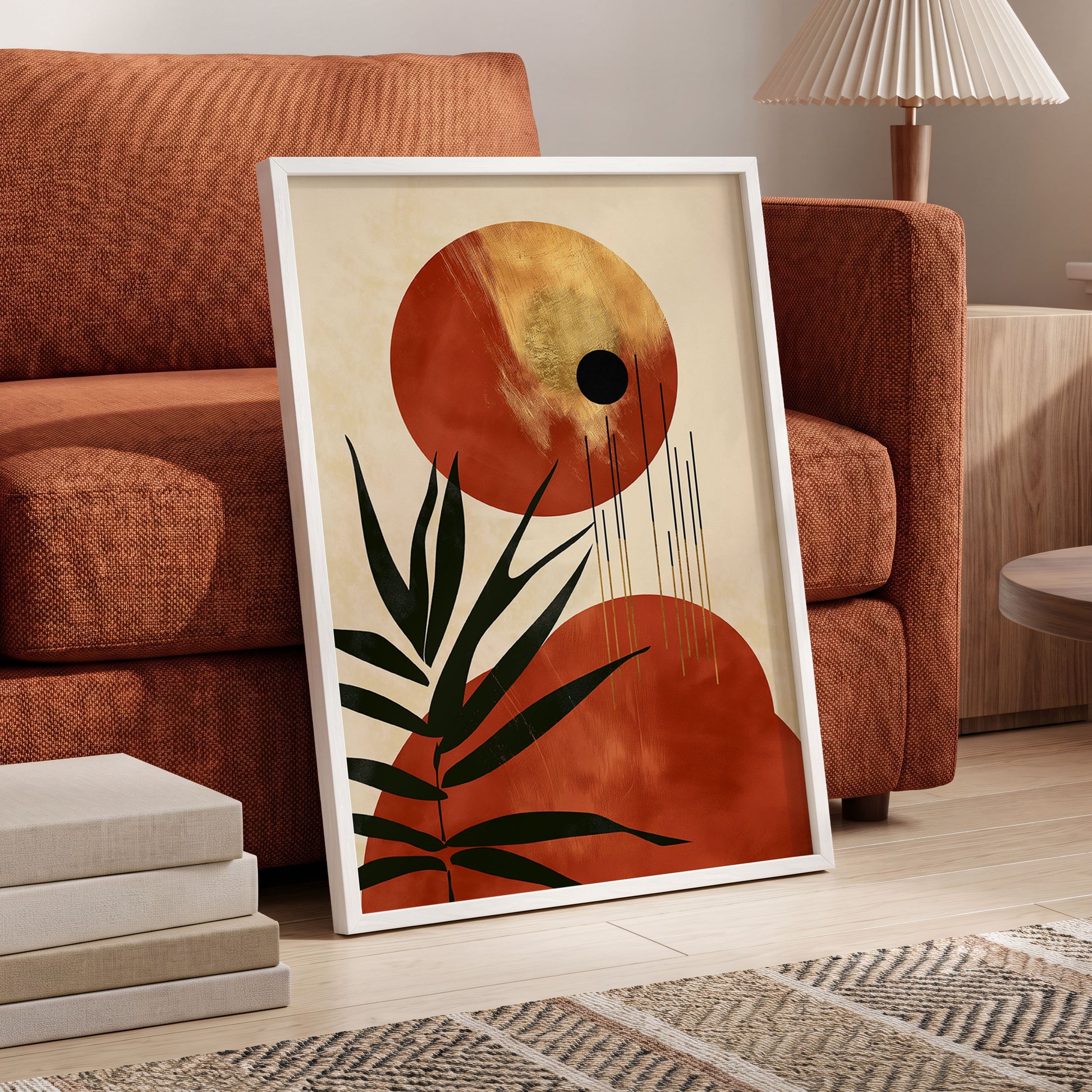 Solar Fronds, black, beige, orange nature wall art displayed in a styled interior, gallery view 6