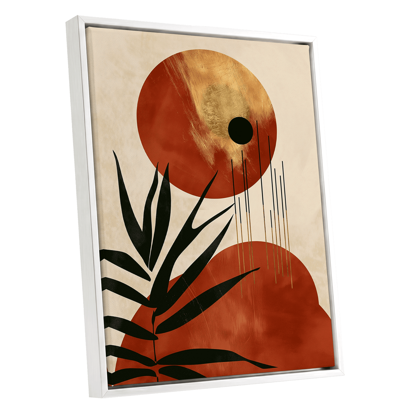 Solar Fronds, black, beige, orange nature wall art shown as a white framed canvas wall art