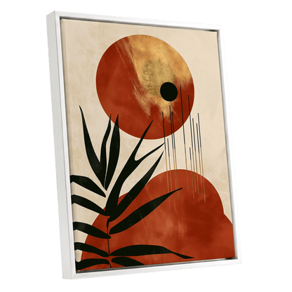 Solar Fronds, black, beige, orange nature wall art shown as a white framed canvas wall art