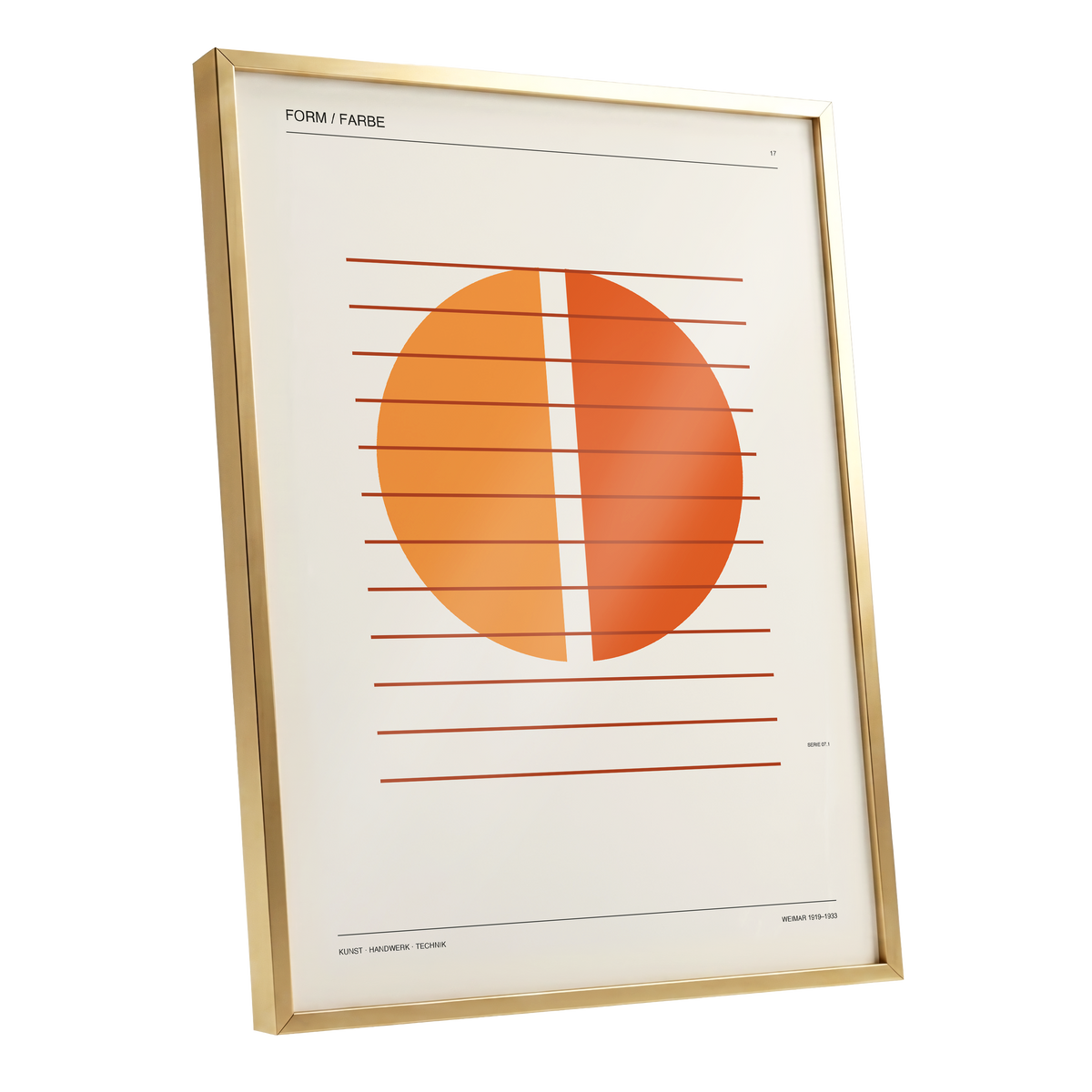 Solar Interval, beige, orange, brown minimalist wall art shown as a gold framed poster wall art print