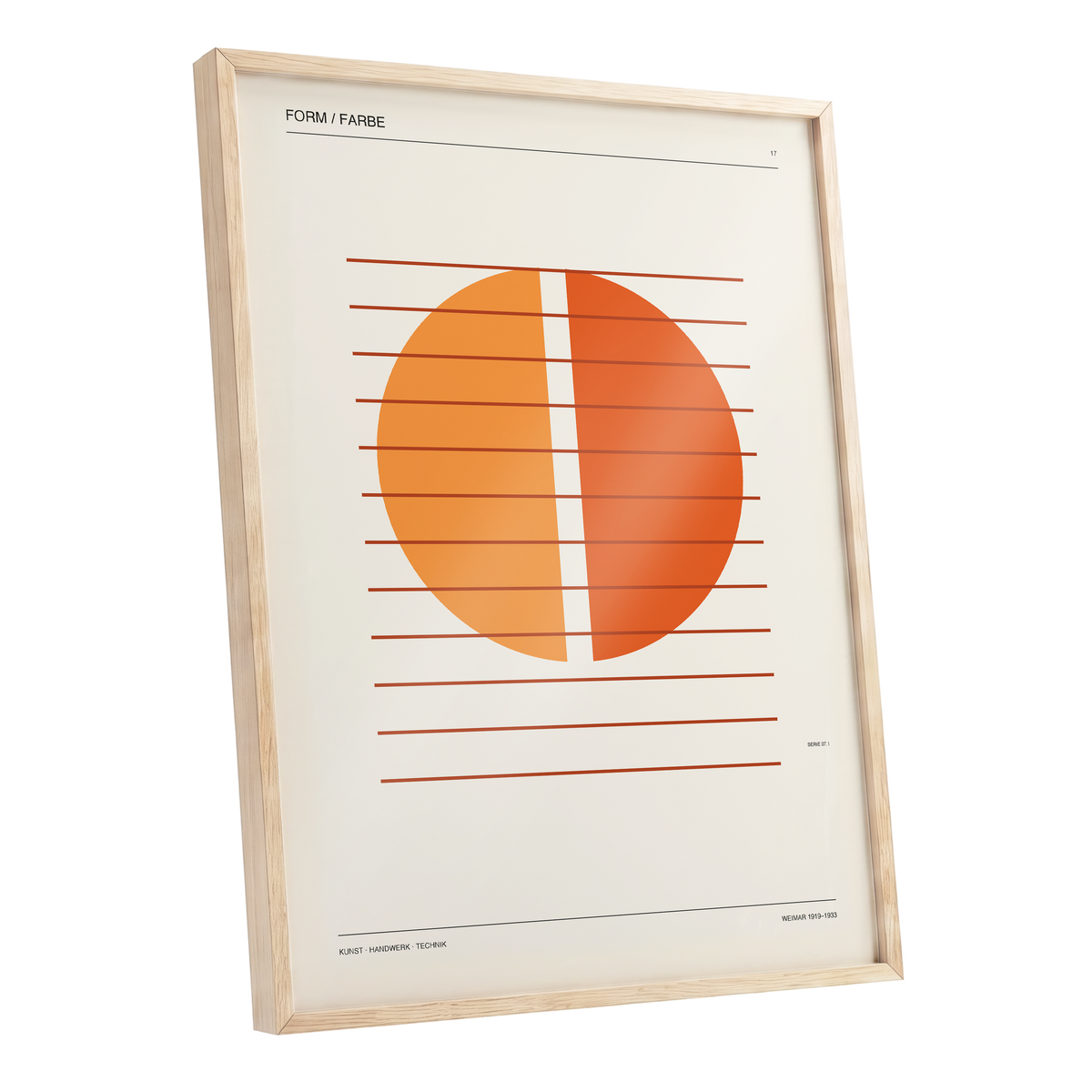 Solar Interval, beige, orange, brown minimalist wall art shown as a oak framed poster wall art print