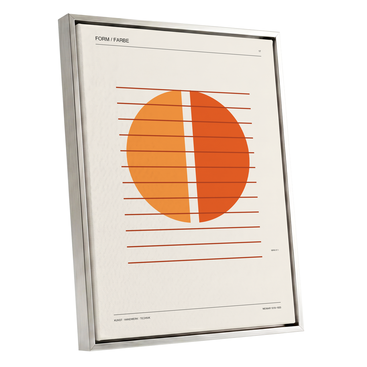Solar Interval, beige, orange, brown minimalist wall art shown as a silver framed canvas wall art