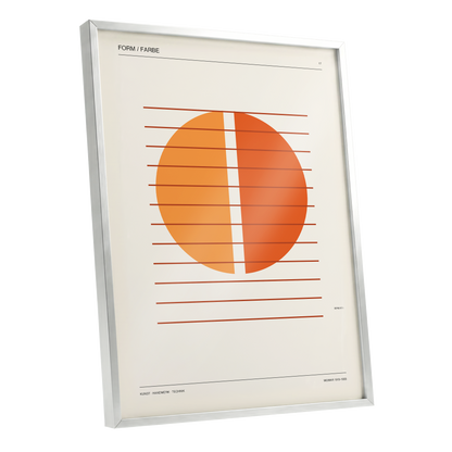 Solar Interval, beige, orange, brown minimalist wall art shown as a silver framed poster wall art print