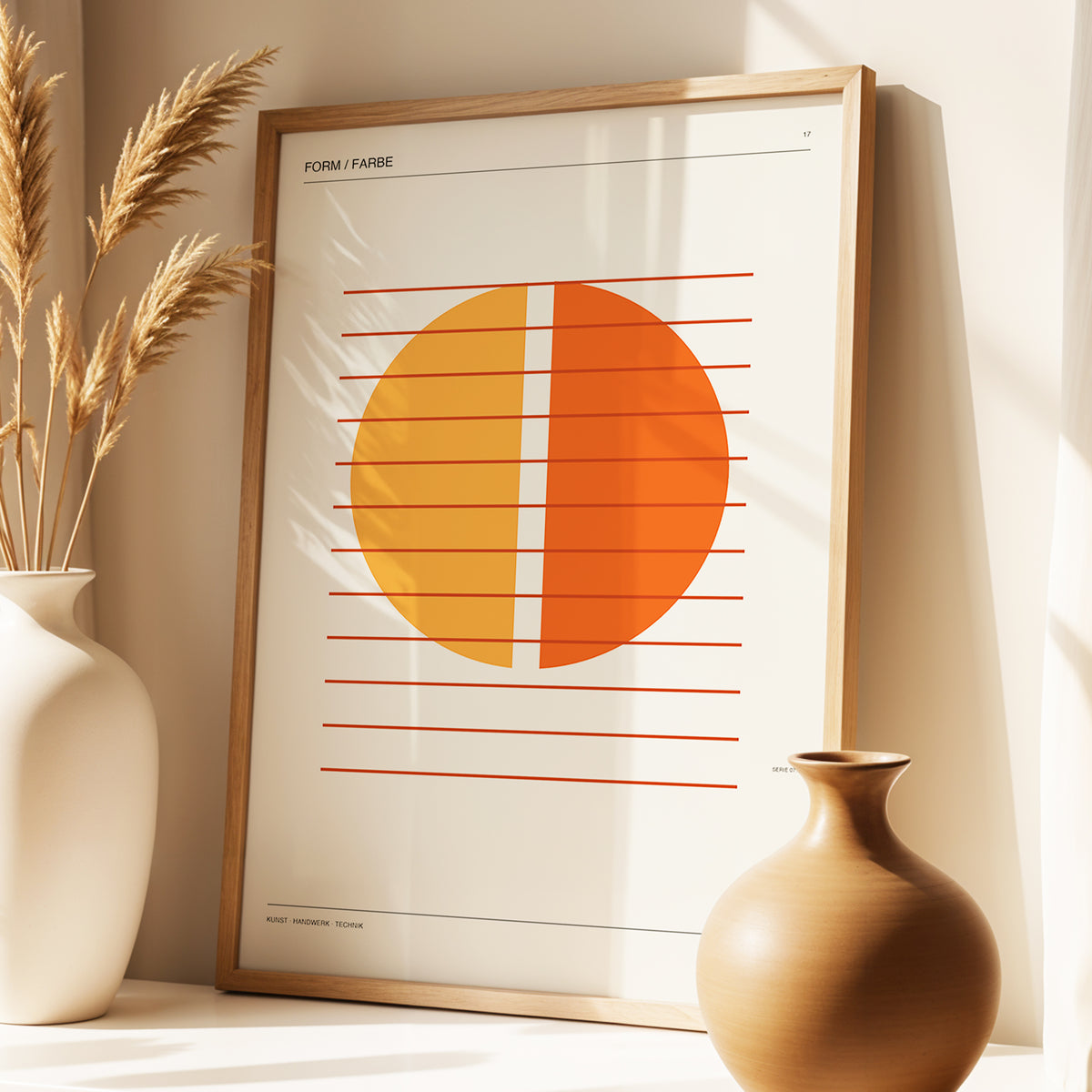 Solar Interval, beige, orange, brown minimalist wall art displayed in a styled interior, gallery view 3
