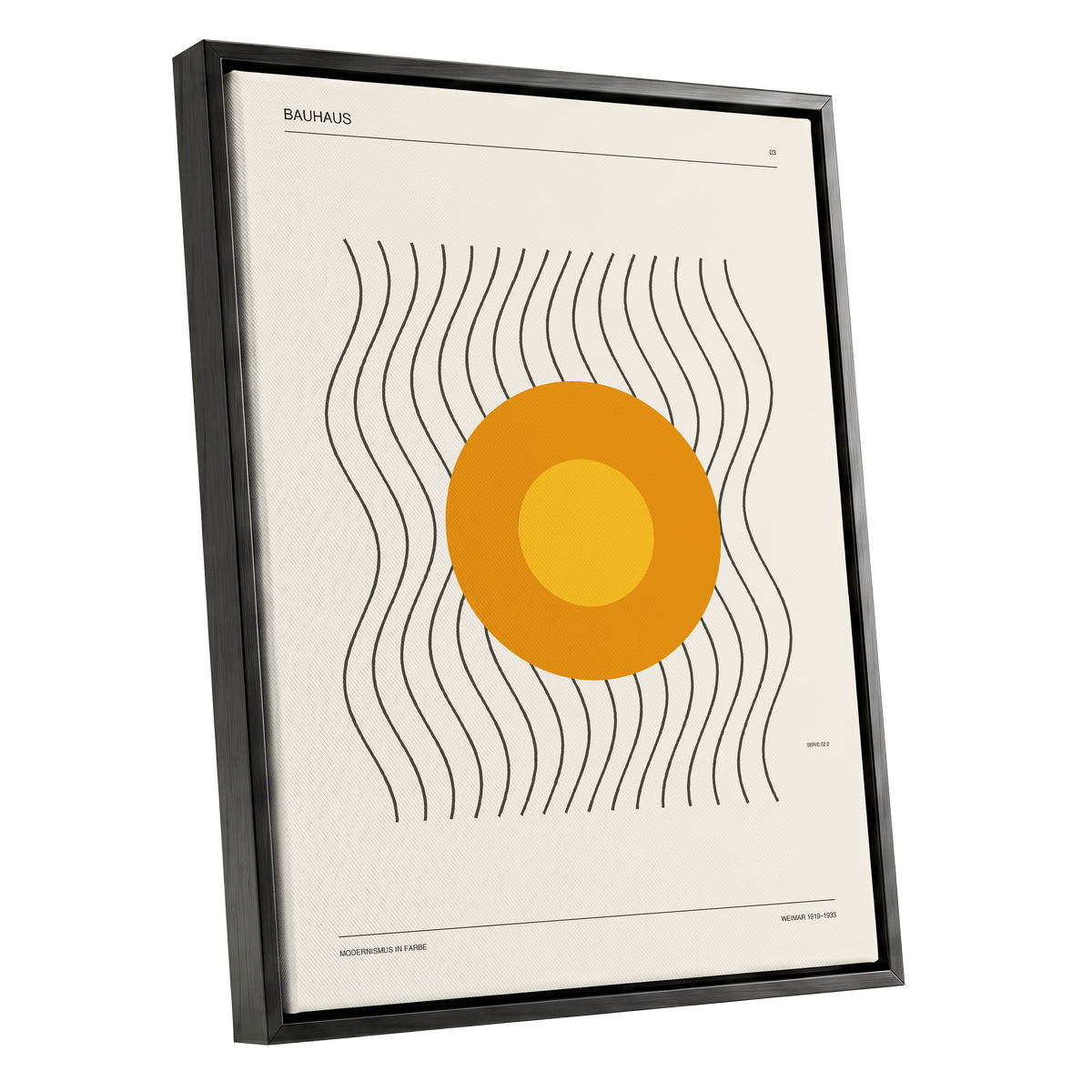 Solar Rhythm, beige, orange, black minimalist wall art shown as a black framed canvas wall art