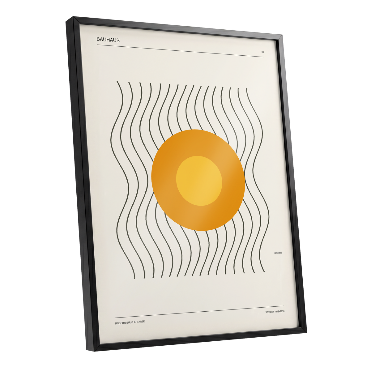 Solar Rhythm, beige, orange, black minimalist wall art shown as a black framed poster wall art print