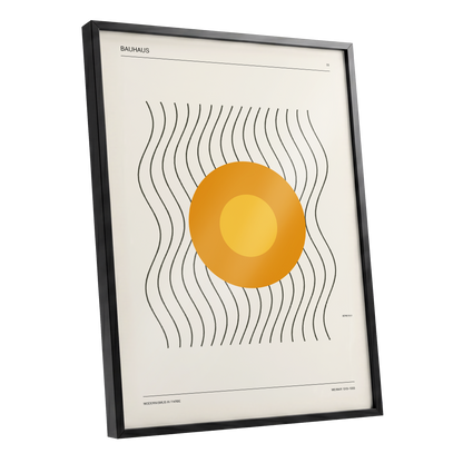 Solar Rhythm, beige, orange, black minimalist wall art shown as a black framed poster wall art print