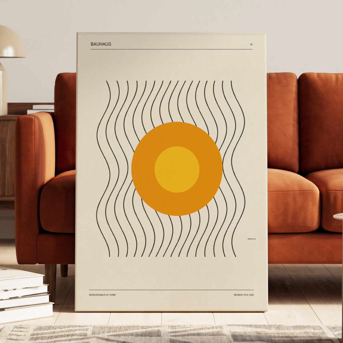 Solar Rhythm, beige, orange, black minimalist wall art on canvas displayed in a styled interior, gallery view 1