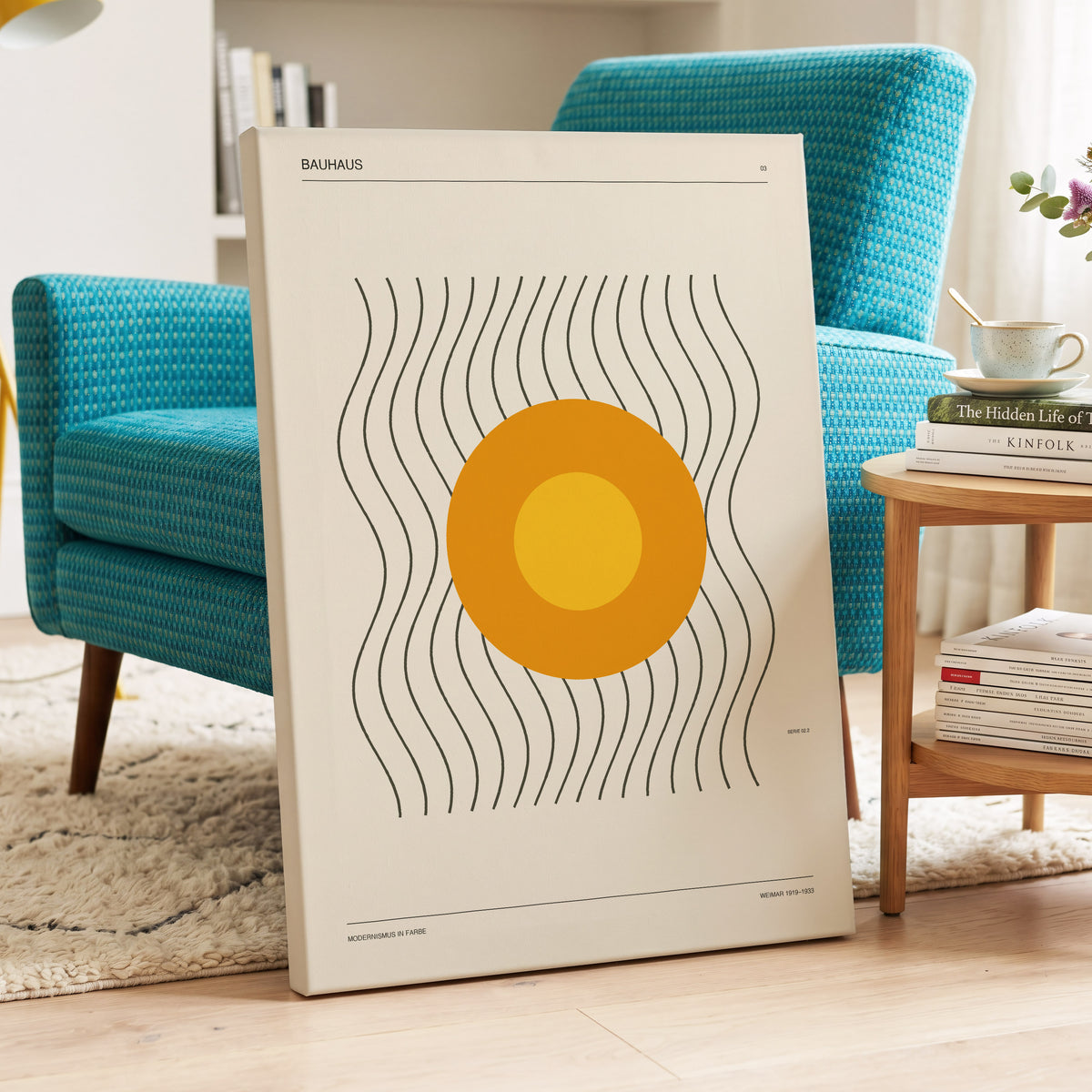 Solar Rhythm, beige, orange, black minimalist wall art on canvas displayed in a styled interior, gallery view 2