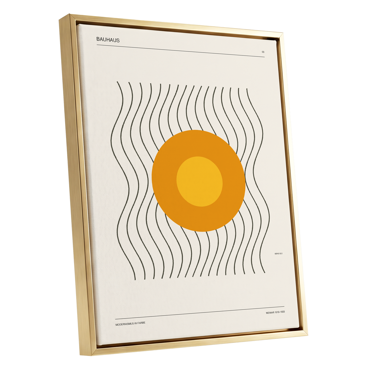 Solar Rhythm, beige, orange, black minimalist wall art shown as a gold framed canvas wall art