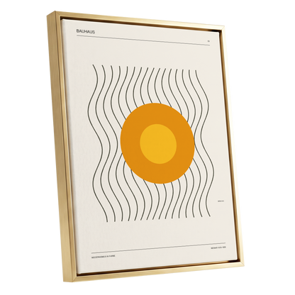 Solar Rhythm, beige, orange, black minimalist wall art shown as a gold framed canvas wall art