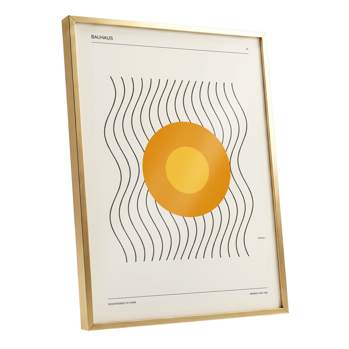 Solar Rhythm, beige, orange, black minimalist wall art shown as a gold framed poster wall art print