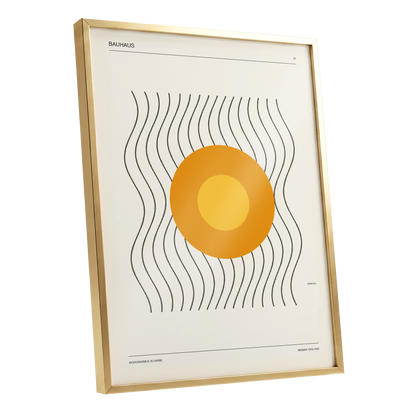 Solar Rhythm, beige, orange, black minimalist wall art shown as a gold framed poster wall art print