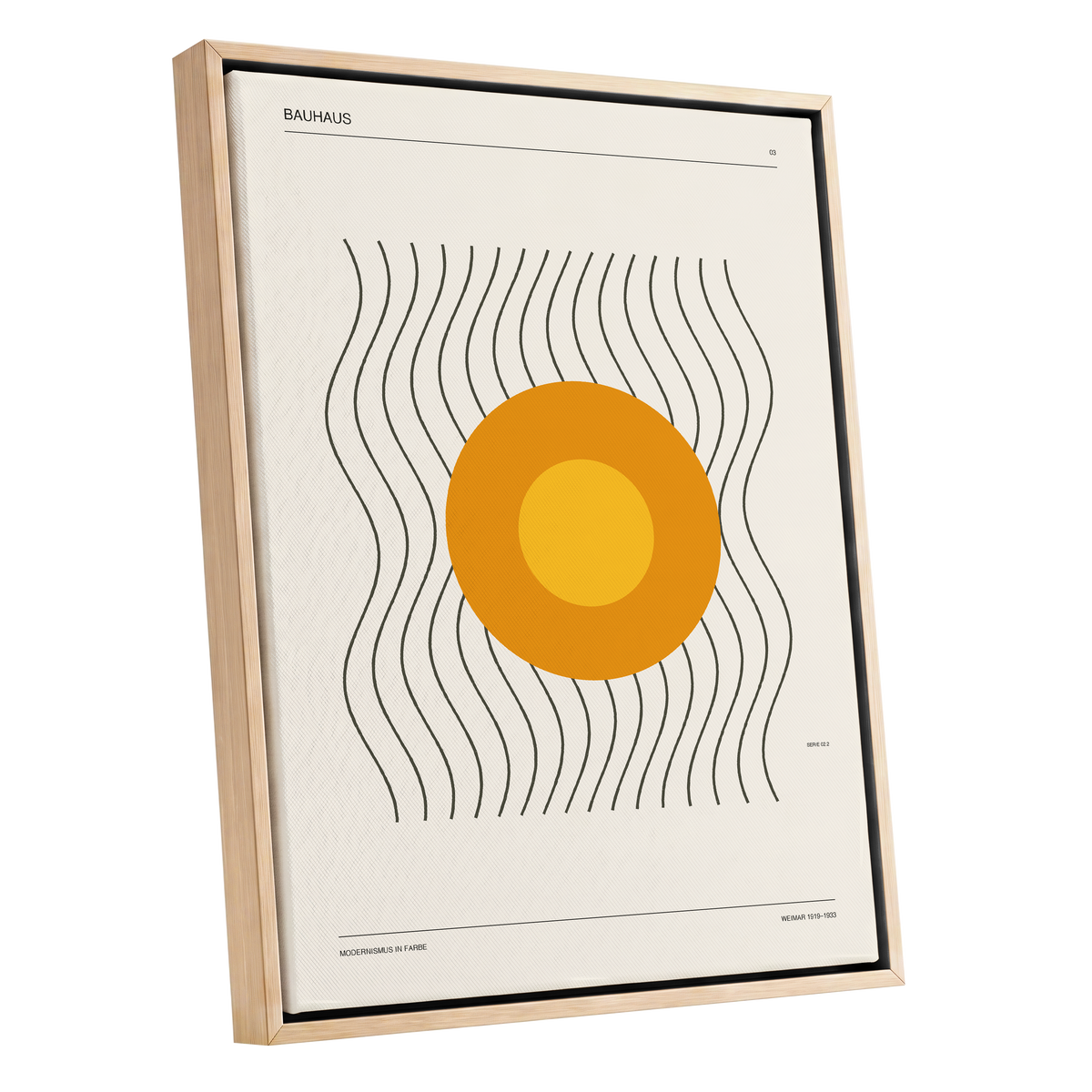 Solar Rhythm, beige, orange, black minimalist wall art shown as a oak framed canvas wall art