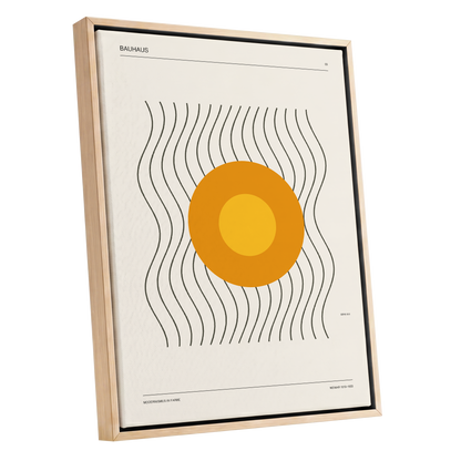 Solar Rhythm, beige, orange, black minimalist wall art shown as a oak framed canvas wall art