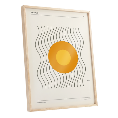 Solar Rhythm, beige, orange, black minimalist wall art shown as a oak framed poster wall art print
