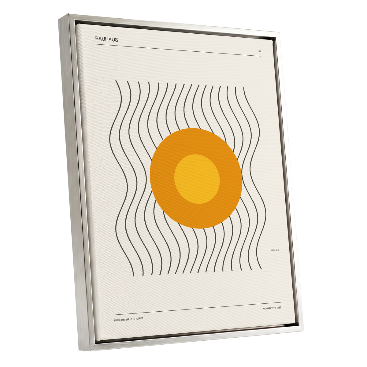 Solar Rhythm, beige, orange, black minimalist wall art shown as a silver framed canvas wall art