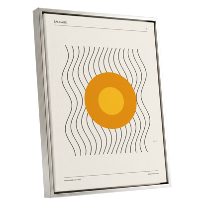 Solar Rhythm, beige, orange, black minimalist wall art shown as a silver framed canvas wall art
