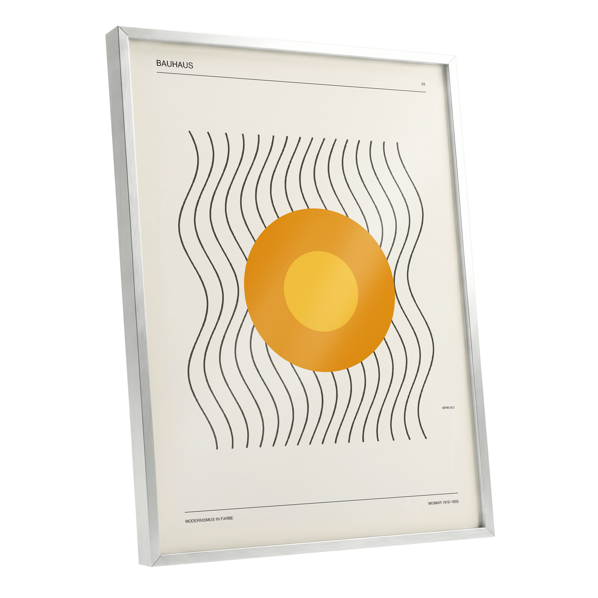 Solar Rhythm, beige, orange, black minimalist wall art shown as a silver framed poster wall art print