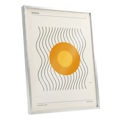 Solar Rhythm, beige, orange, black minimalist wall art shown as a silver framed poster wall art print