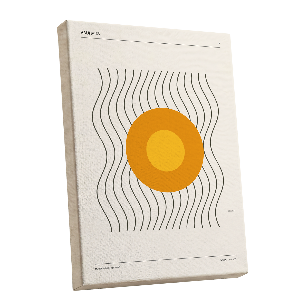 Solar Rhythm, beige, orange, black minimalist wall art shown as a stretched canvas wall art