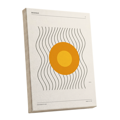Solar Rhythm, beige, orange, black minimalist wall art shown as a stretched canvas wall art