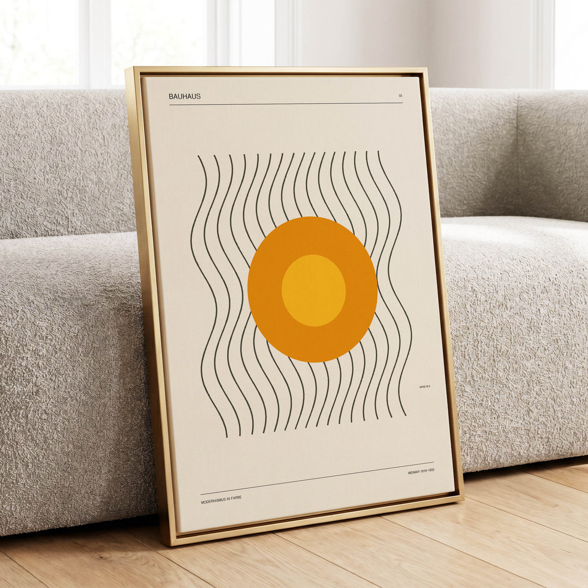 Solar Rhythm, beige, orange, black minimalist wall art displayed in a styled interior, gallery view 1