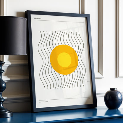 Solar Rhythm, beige, orange, black minimalist wall art displayed in a styled interior, gallery view 2