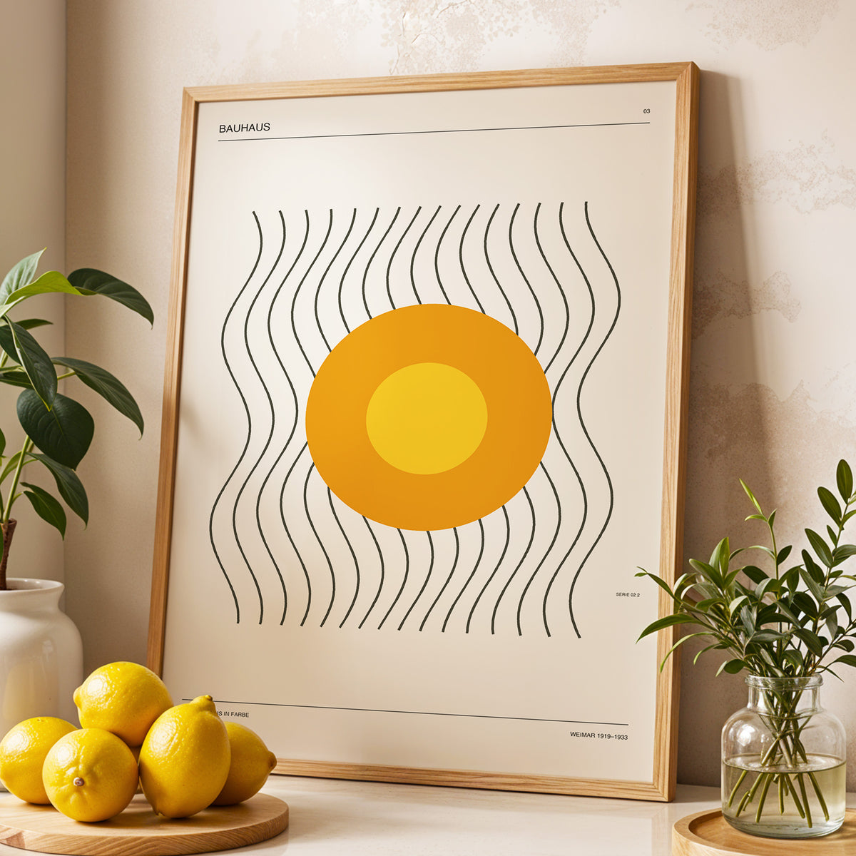 Solar Rhythm, beige, orange, black minimalist wall art displayed in a styled interior, gallery view 3