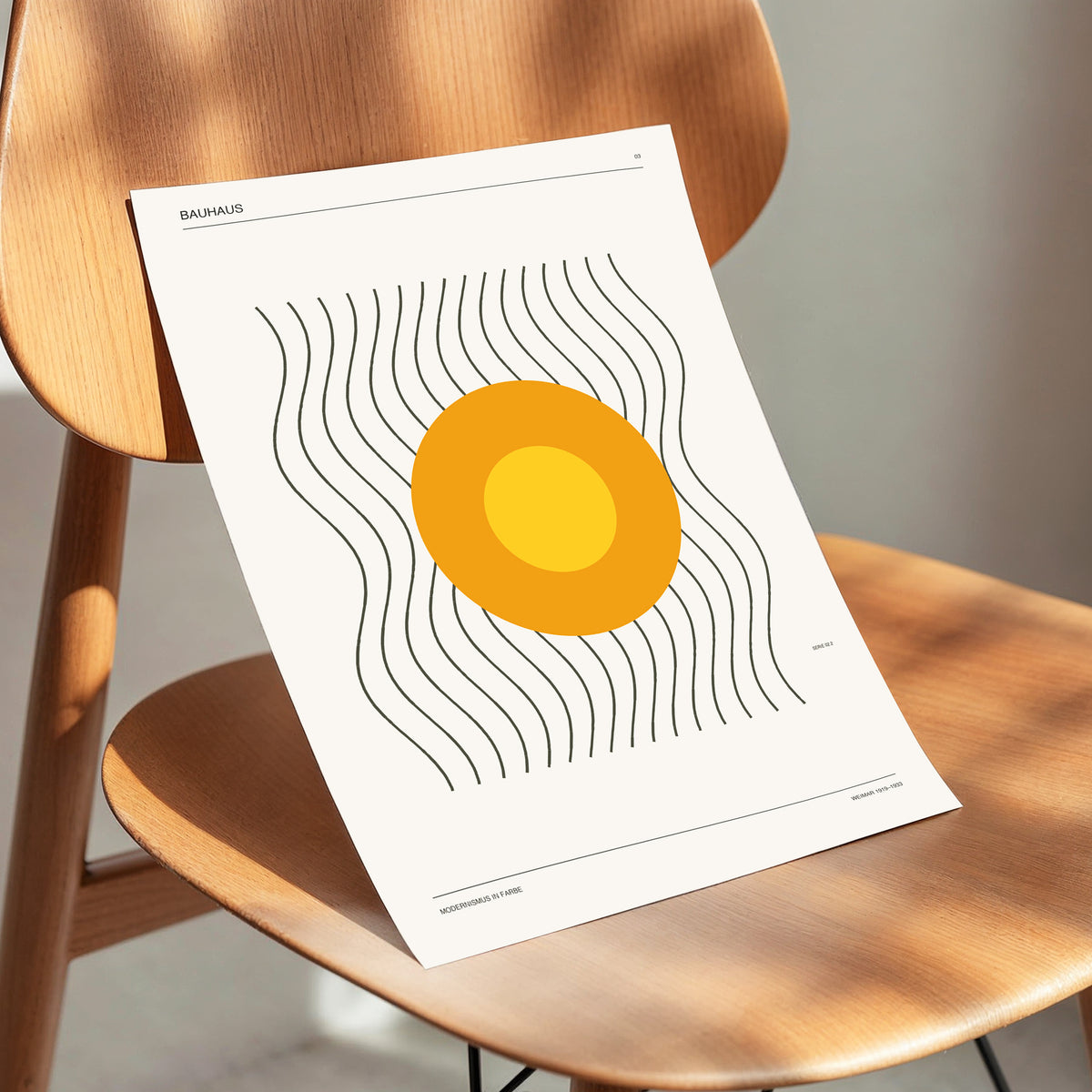 Solar Rhythm, beige, orange, black minimalist wall art displayed in a styled interior, gallery view 4