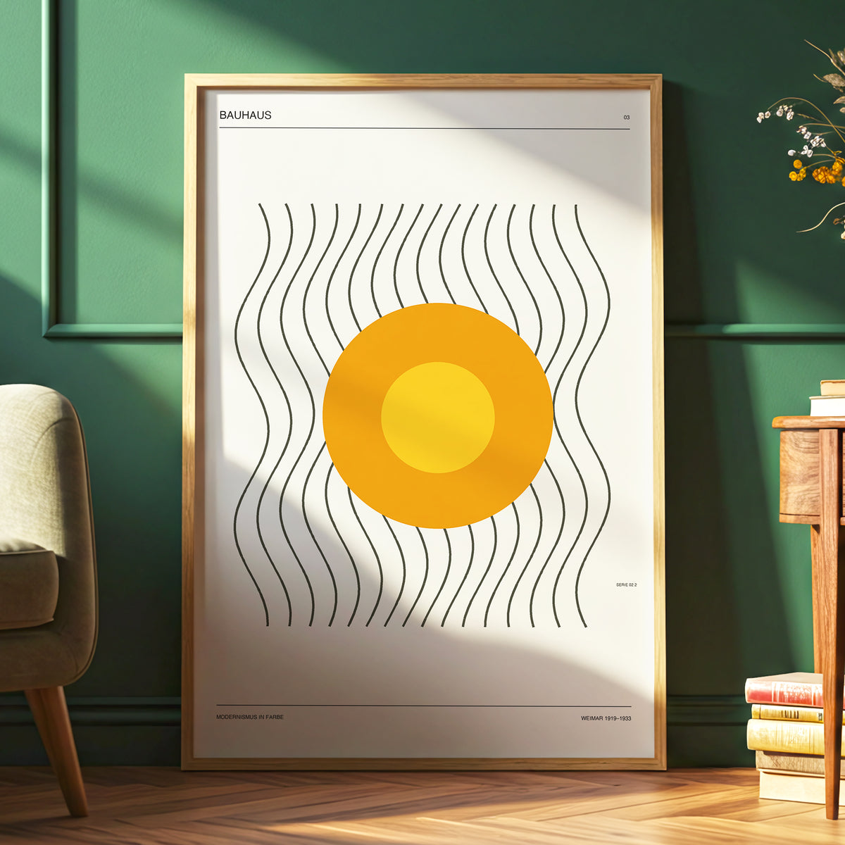 Solar Rhythm, beige, orange, black minimalist wall art displayed in a styled interior, gallery view 6