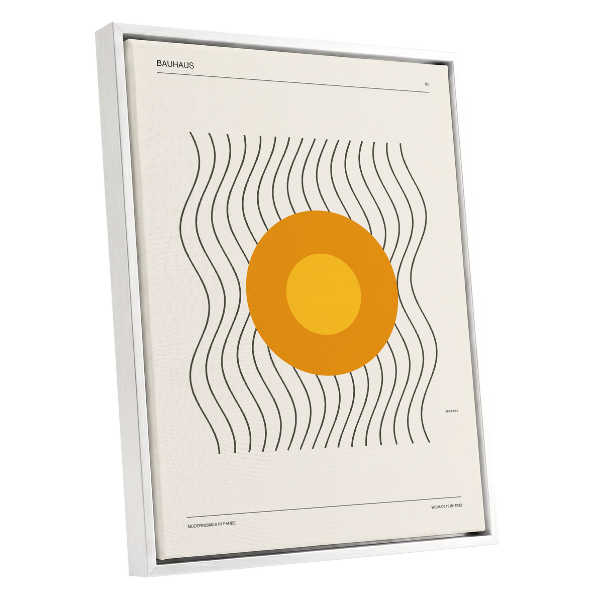 Solar Rhythm, beige, orange, black minimalist wall art shown as a white framed canvas wall art