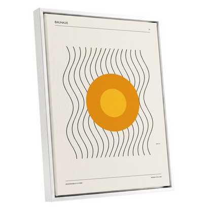 Solar Rhythm, beige, orange, black minimalist wall art shown as a white framed canvas wall art