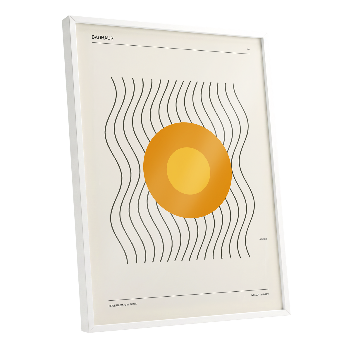 Solar Rhythm, beige, orange, black minimalist wall art shown as a white framed poster wall art print