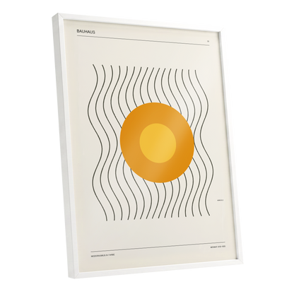 Solar Rhythm, beige, orange, black minimalist wall art shown as a white framed poster wall art print