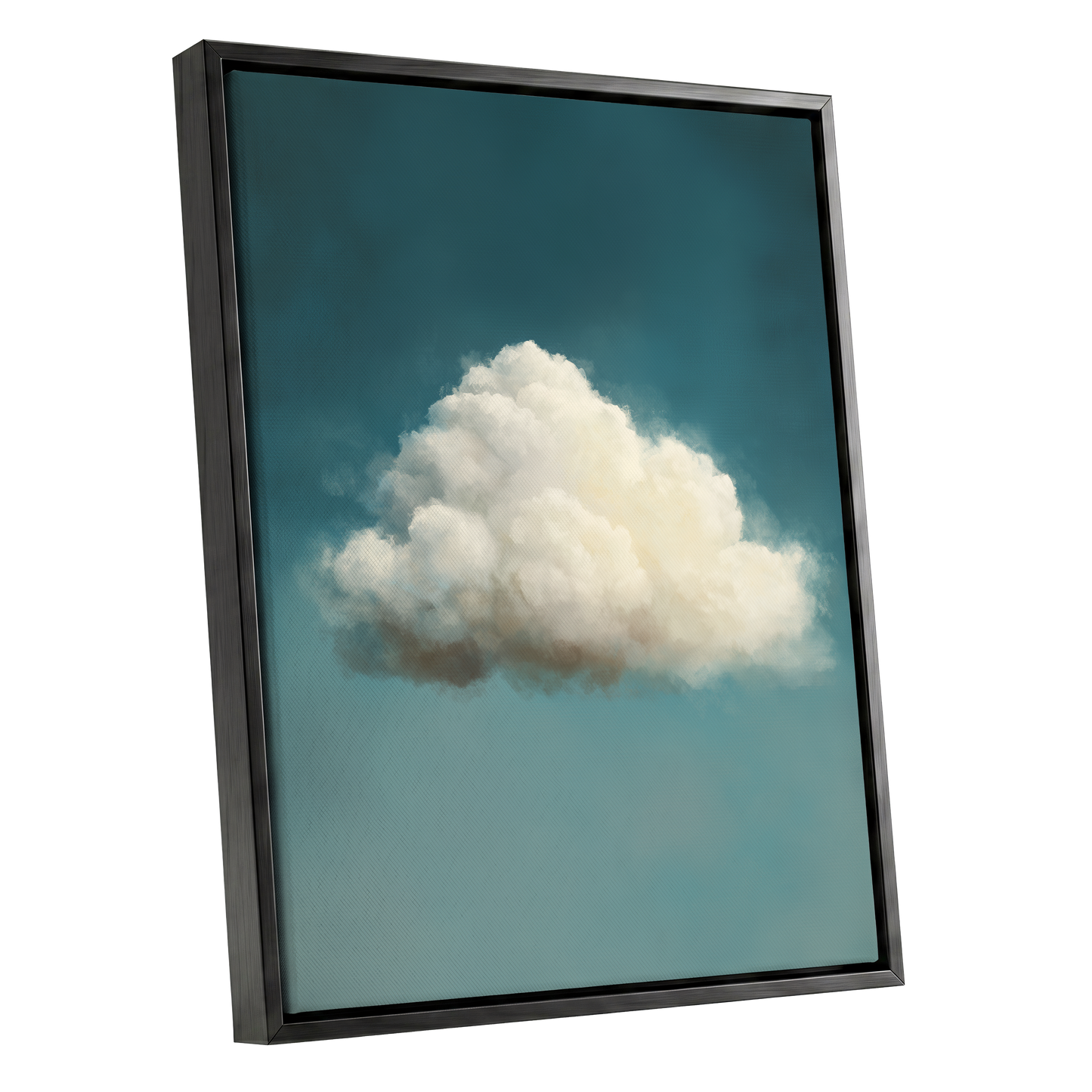 Solitary Cumulus, blue, white, gray nature wall art shown as a black framed canvas wall art
