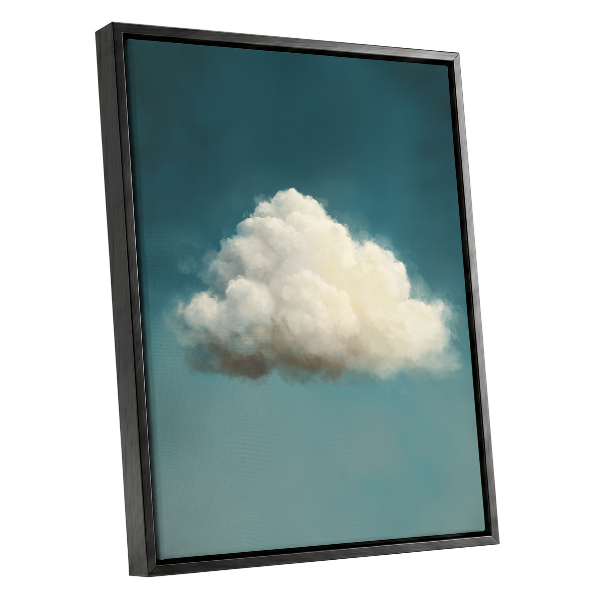 Solitary Cumulus, blue, white, gray nature wall art shown as a black framed canvas wall art