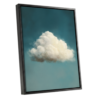 Solitary Cumulus, blue, white, gray nature wall art shown as a black framed canvas wall art