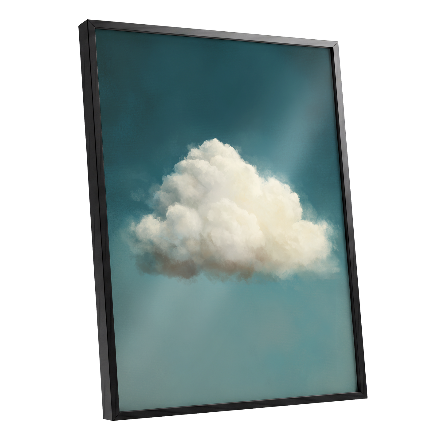 Solitary Cumulus, blue, white, gray nature wall art shown as a black framed poster wall art print