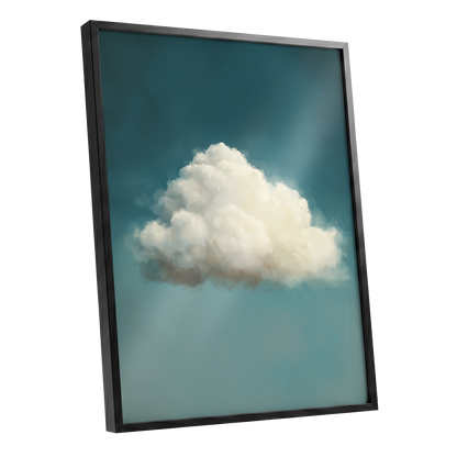 Solitary Cumulus, blue, white, gray nature wall art shown as a black framed poster wall art print